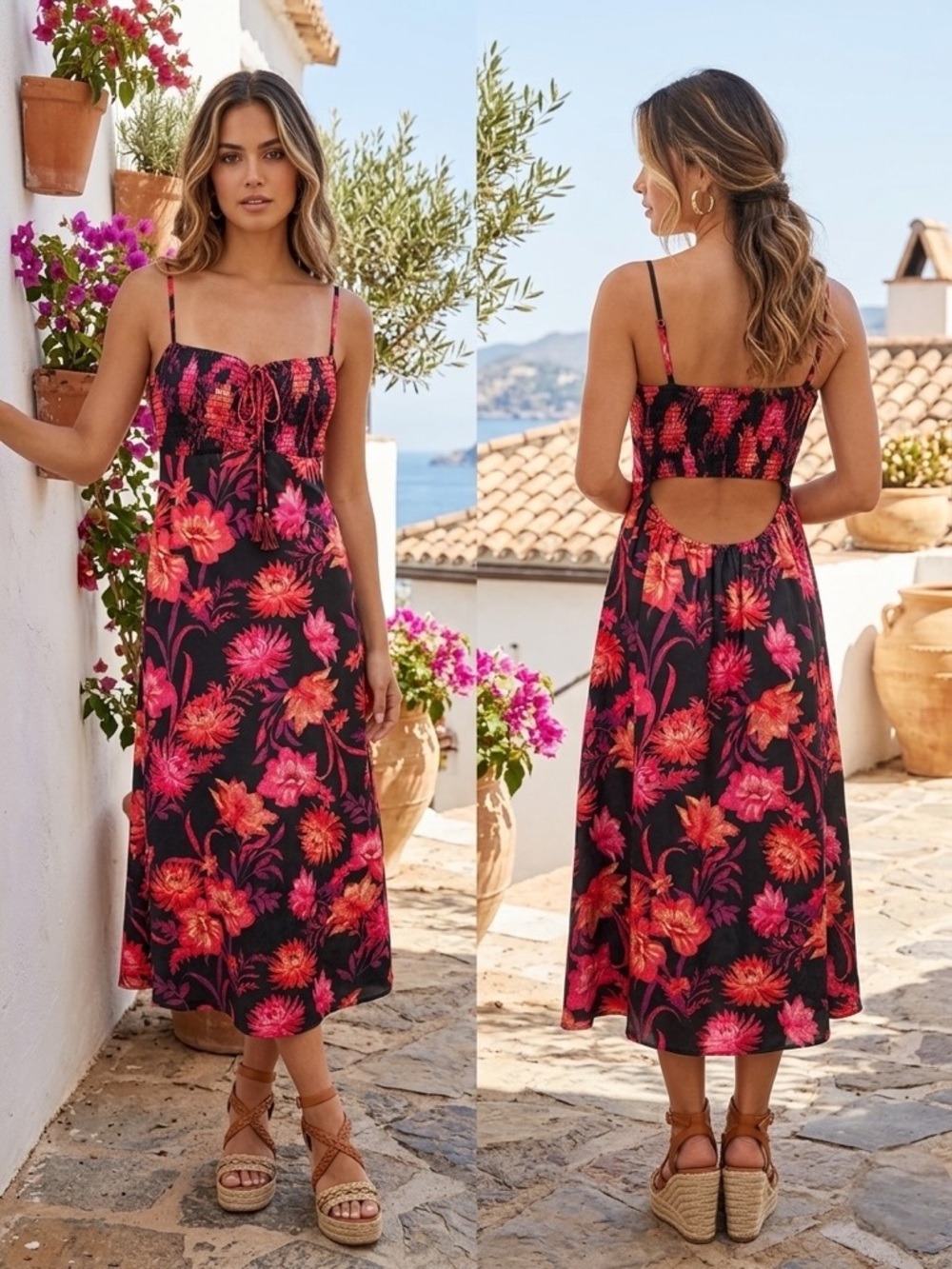 kensie Women's Neon Floral Printed Smocked Sleeveless Midi Slip Sundress Size 8 - Picture 1 of 9